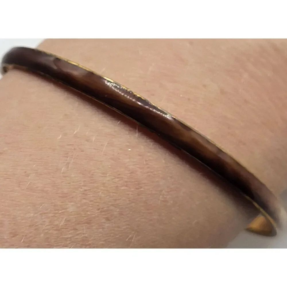 Estate Bohemian Brass Brown Enamel Thin Bangle Bracelet 2.6in dia